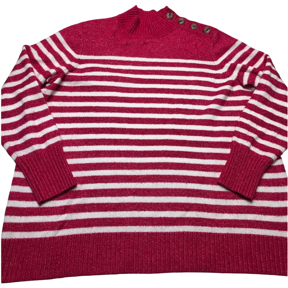 Chaps Womens 1X Red White Striped Button Shoulder Mock Neck Knit Sweater
